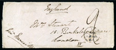 1861 Stampless envelope sent to the UK with Cairo despatch cds in blue-black and ms "9" rate