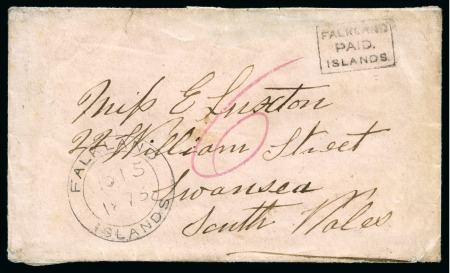 Stamp of Falkland Islands 1873 (Oct 15) Ladies envelope to Wales, handstamped small frank (Type 1) boxed "FALKLAND/PAID./ISLANDS"