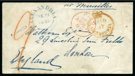Stamp of Egypt » British Post Offices » Alexandria 1857 (23.12) “Crowned Circle” "PAID AT ALEXANDRIA" in red on envelope from Alexandria to England