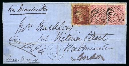 1860 (19.5) Entire from Suez to England via Marseilles, with GB 1d "Star" and 1855-57 4d pair cancelled by "B02" numerals