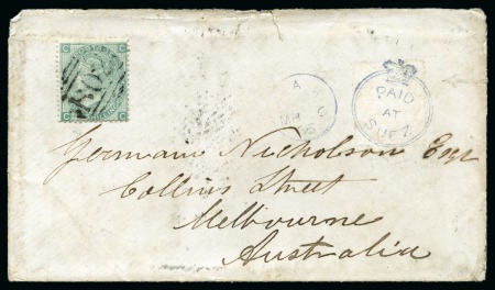 Stamp of Egypt » British Post Offices » Suez 1866 (6.3) Envelope from Suez to Australia with blue "PAID / AT / SUEZ" crowned circle and blue cds on the front,