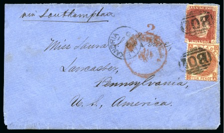1870 (1.1) Envelope from Alexandria to the USA with GB 1d red pl.118 and 1867-80 10d red-brown tied by "B01" numerals