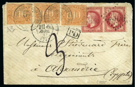 Stamp of Egypt » French Post Offices » Alexandria 1871 (19.4) Incoming envelope from Melun, France, with 1867 80c pair tied by "2306" numeral, underpaid with three 10c postage dues