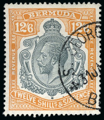 Stamp of Bermuda POSTAL FISCAL: 12s6d Grey & Orange showing variety "break through scroll"