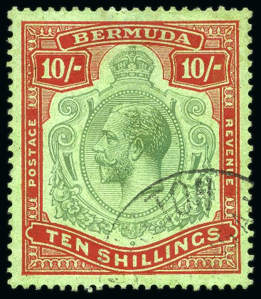 Stamp of Bermuda 1924-32 10s Green & Red on pale emerald showing repaired variety "break in lines below left scroll", used