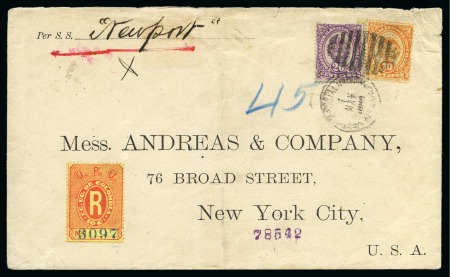 Stamp of Panama 1886 (May 1) Registered envelope to New York endorsed "Per S.S. 'Newport' ", franked by Colombia 1881 registration 10c, 1883 10c and 20c, tied by Panama 