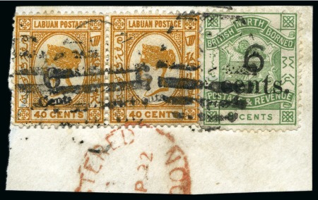 Stamp of Labuan THE ONLY RECORDED MULTIPLE: 1891-92 6c on 40c amber type 10 surcharge with 2mm space HORIZONTAL PAIR