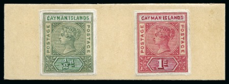 Stamp of Cayman Islands 1900 QV 1/2d green and 1d carmine essays made from cut-down keyplates in the issued colours with the country name and value tablets handpainted over Chinese white