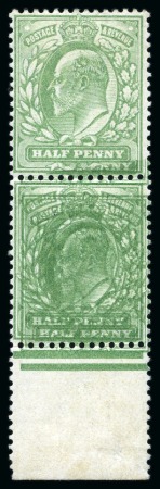 Stamp of Great Britain » King Edward VII » 1902-10 De La Rue Issues 1902-10 De La Rue 1/2d yellow-green with variety PRINTED DOUBLE in a vertical lower marginal pair
