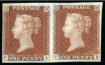 1841 1d Red plate 1b PA-PB mint pair, with fine to large margins, with PA showing State 3 and PB showing an original re-entry, unique multiple