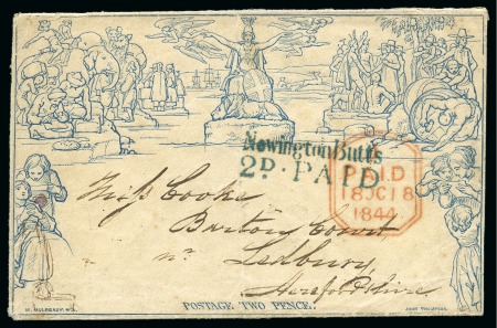 Stamp of Great Britain » 1840 Mulreadys & Caricatures 1840 Mulready 2d envelope cancelled contrary to regulations by a perfectly struck blue "Newington Butts / 2d PAID" receiving office handstamp
