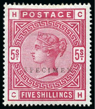 Stamp of Great Britain » 1855-1900 Surface Printed » 1883-84 & 1888 High Values 1883-84 5s Rose on white paper CH with "SPECIMEN" type 13 overprint
