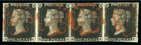 Stamp of Great Britain » 1840 1d Black and 1d Red plates 1a to 11 1840 1d Black pl.2 HC-HF horizontal strip of four