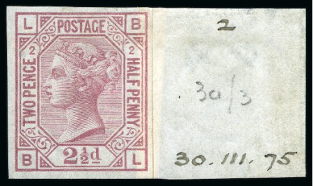 Stamp of Great Britain » 1855-1900 Surface Printed » 1873-80 Large Coloured Corner Letters, Wmk Small Anchor & Orbs 1873-80 2 1/2d Rosy mauve pl.2 BL imperforate imprimatur mint og