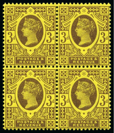 Stamp of Great Britain » 1855-1900 Surface Printed » 1887-1900 Jubilee Issue & 1891 £1 Green 1887-1900 Jubilee 3d Purple on orange in mint block of four