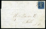 1841 2d Blue pl.3. ID tied to to 1843 (Jun) wrapper by a superb strike of a London "4" in Maltese Cross