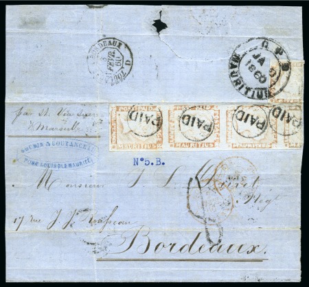 1859 Post Paid 1d. red-brown, vertical strip of four on cover to France