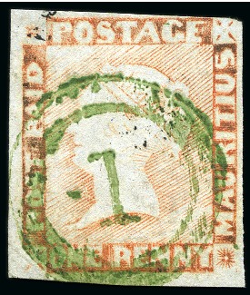 Stamp of Mauritius » 1848-59 Post Paid Issue » Worn Impressions (SG 16-22) 1857-59 Post Paid 1d. red-brown, position 9, with GREEN "1" numeral