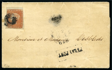 Stamp of Mauritius » 1848-59 Post Paid Issue » Early Impressions (SG 6-9) 1853-55 Post Paid 1d vermilion, position 3, on local cover with "PENNY POST" hs
