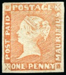 1854-57 Post Paid 1d vermilion, position 9, unused without gum