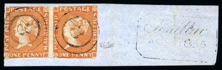 Stamp of Mauritius » 1848-59 Post Paid Issue » Early Impressions (SG 6-9) 1853-55 Post Paid 1d. orange-vermilion, pair, positions 8-9, tied to piece by "3" numerals of Souillac