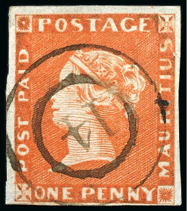 Stamp of Mauritius » 1848-59 Post Paid Issue » Early Impressions (SG 6-9) 1853-55 Post Paid 1d vermilion, position 3, used with "14" numeral of Plaine Magnan