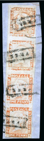 1859 Post Paid 1d. red, vertical strip of four, positions 2/5/8/11, on piece