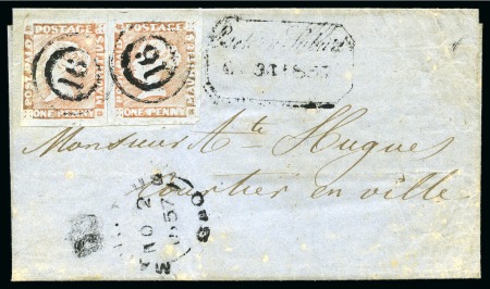 1857-59 Post Paid 1d. red on bluish, two singles, positions 5 & 6, on cover from EASTERN SUBURB to Port Louis