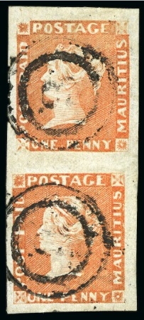 Stamp of Mauritius » 1848-59 Post Paid Issue » Early Impressions (SG 6-9) 1853-55 1d. vermilion, vertical pair, positions 4/7, used