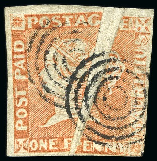 Stamp of Mauritius » 1848-59 Post Paid Issue » Intermediate Impressions (SG 10-15) 1854-57 1d. vermilion, position 12, exhibiting a spectacular pre-printing paper fold, used
