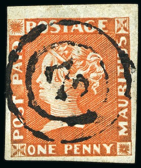 Stamp of Mauritius » 1848-59 Post Paid Issue » Early Impressions (SG 6-9) 1853-55 1d. orange-vermilion, position 10, used with "2" numeral