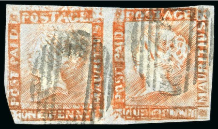 1857-59 red on bluish, DOUBLE PRINT, pair from positions 11-12