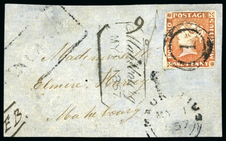Stamp of Mauritius » 1848-59 Post Paid Issue » Intermediate Impressions (SG 10-15) 1854-57 Post Paid 1d. bright vermilion, position 12, tied to a large piece of letter addressed locally in Mahébourg