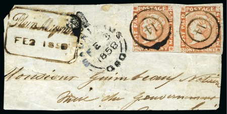 Stamp of Mauritius » 1848-59 Post Paid Issue » Intermediate Impressions (SG 10-15) 1854-57 Post Paid 1d red, horizontal pair, position 5-6, tied by very fine strikes of '14' numeral hs of PLAINS MAGNAM