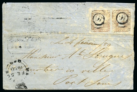 Stamp of Mauritius » 1848-59 Post Paid Issue » Worn Impressions (SG 16-22) 1854-57 Post Paid 1d. red-brown on grayish, horizontal pair, from EASTERN SUBURB cancelled by '16' numeral on back of folded cover to Port Louis
