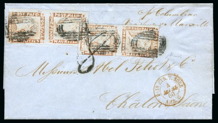 1857-59 Post Paid 1d. red on bluish, two vertical pairs, on folded entire letter from Port Louis to Chalon-sur-Saône, France