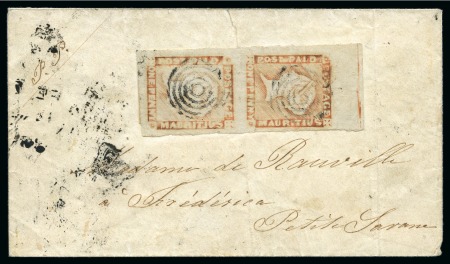 Stamp of Mauritius » 1848-59 Post Paid Issue » Worn Impressions (SG 16-22) 1857-59 Post Paid 1d. red, a vertical pair displaying complete sheet margin at top, on cover to Petite Savanne