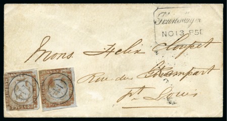 1857-59 Post Paid 1d. red, two examples, positions 9 and 12, on cover from Plain Magnan