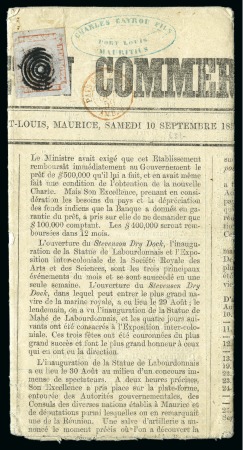 1859 Post Paid 1d. red on bluish, on 10.9.1859 'Bulletin Commercial' newspaper from Port Louis to France