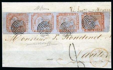 1859 Post Paid 1d. red on grayish, vertical strip of four, positions 2/5/8/11, tied to large part of cover to France