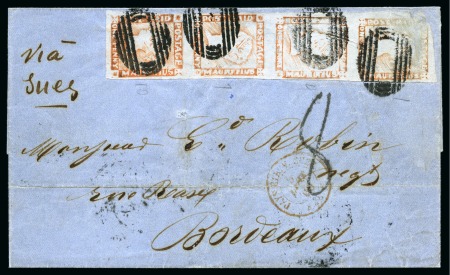 Stamp of Mauritius » 1848-59 Post Paid Issue » Worn Impressions (SG 16-22) 1857-59 Post Paid 1d red on greyish, vertical strip of four, positions 1/4/7/10, tied by oval bars cancels on folded cover from Port Louis to Bordeaux