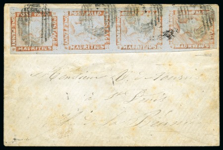 1857-59 Post Paid 1d red-brown on bluish, largely margined vertical strip of four on envelope from Port Louis to Réunion