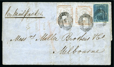 1859 Post Paid 1d red on bluish, horizontal pair in combination with 1859-61 Britannia 6d blue on cover to Australia