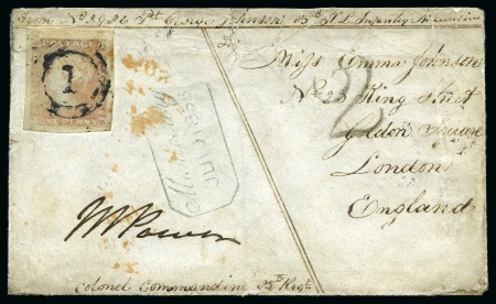 Stamp of Mauritius » 1848-59 Post Paid Issue » Intermediate Impressions (SG 10-15) 1854-57 Post Paid 1d red, position 2, on soldier's letter