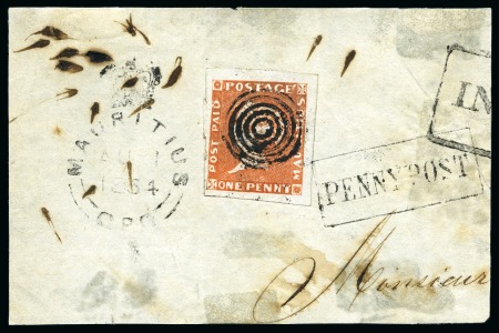Stamp of Mauritius » 1848-59 Post Paid Issue » Early Impressions (SG 6-9) 1853-55 Post Paid 1d red, position 3, very good margins for the most part, cancelled by target cancel and tied to large piece by neat framed 'PENNYPOST' hs 