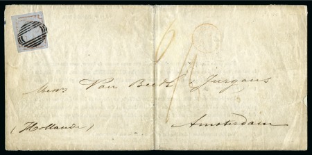 1859 Post Paid 1d. red-brown on bluish, position 5, on cover carried at printed matter letter rate to Amsterdam 