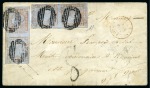 Stamp of Mauritius » 1848-59 Post Paid Issue 1857-59 Post Paid 1d. red on bluish, position 5, two largely margined vertical pairs, tied to envelope from Port Louis to Romans, France