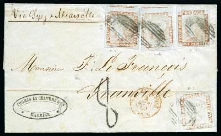 1859 Post Paid 1d. red on bluish, four singles, on folded entire letter from Port Louis to Granville, France