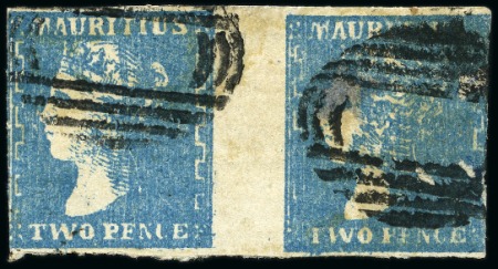 Stamp of Mauritius » 1859 Dardenne Issue (SG 41-44) 1859 Dardenne 2d. blue, pos.67-68, horizontal pair showing pair showing variety minor and major retouches to neck