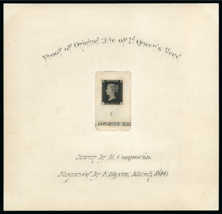 1840 1d Black Perkins Bacons Archive die proofs of the rejected and accepted dies mounted on an album page